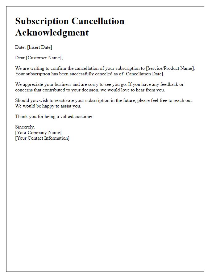 Letter template of subscription cancellation acknowledgment