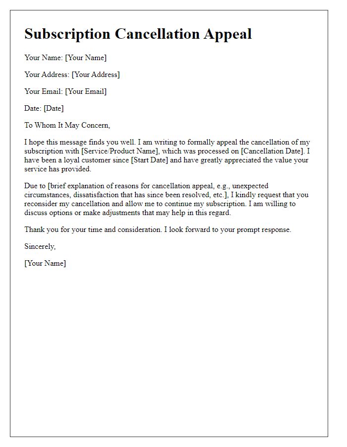 Letter template of subscription cancellation appeal