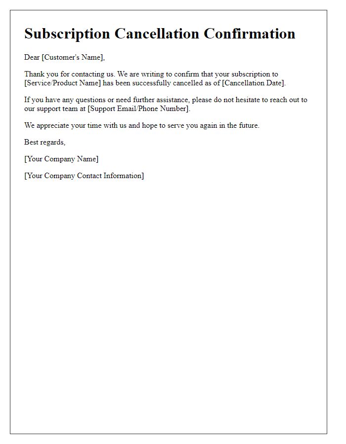 Letter template of subscription cancellation confirmation