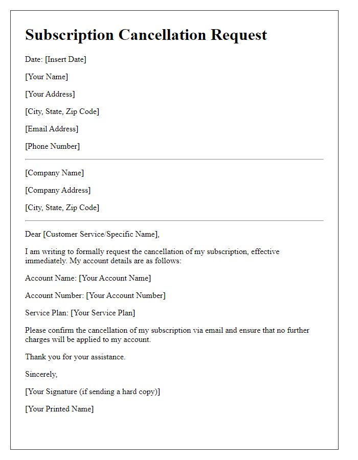 Letter template of subscription cancellation instruction