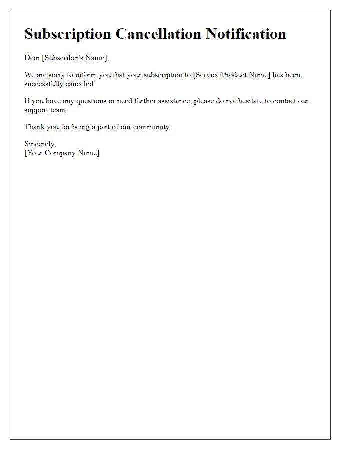 Letter template of subscription cancellation notification