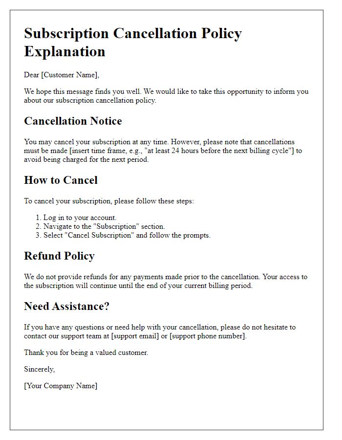 Letter template of subscription cancellation policy explanation