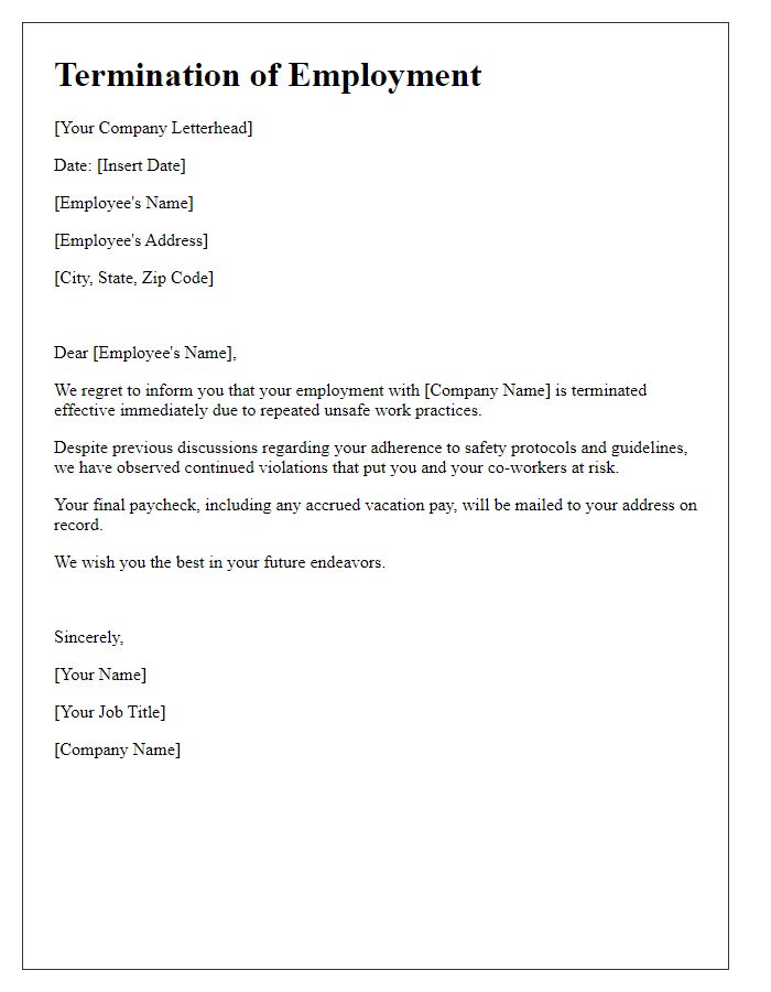 Letter template of employee termination for unsafe work practices