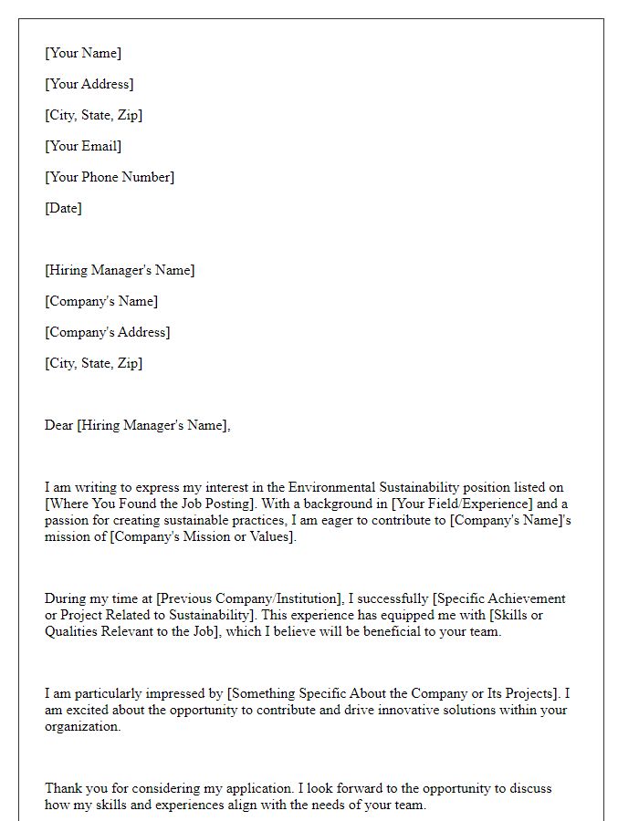 Letter template of application for environmental sustainability job.