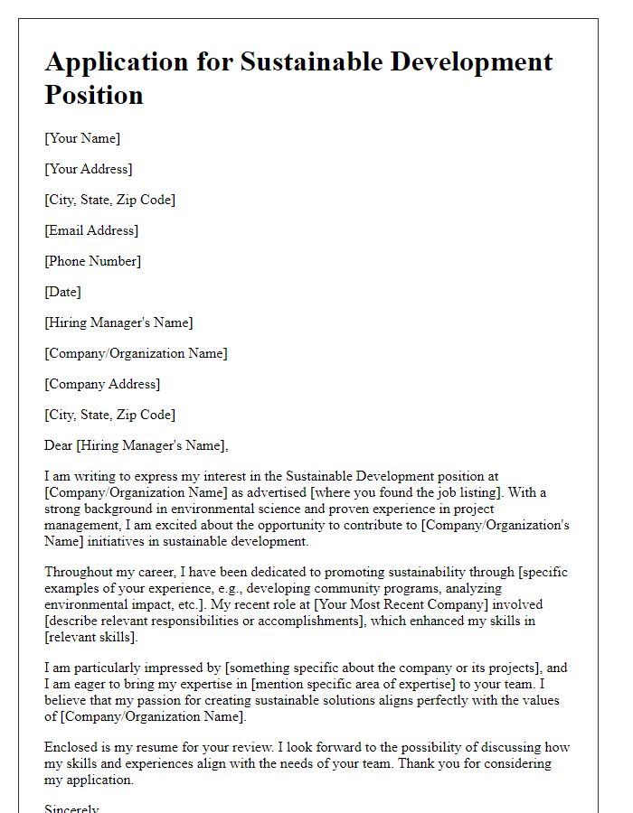 Letter template of application for sustainable development position.