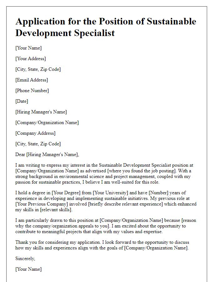 Letter template of candidacy for a position in sustainable development.