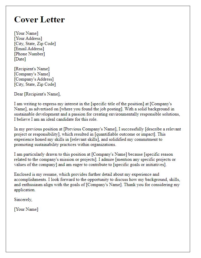 Letter template of cover letter for a role in sustainable development.