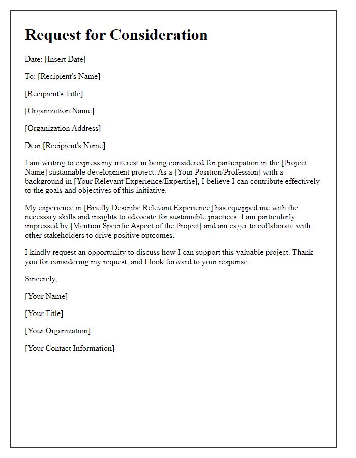 Letter template of request for consideration in a sustainable development project.