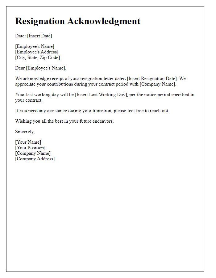 Letter template of resignation acknowledgment for contract workers.