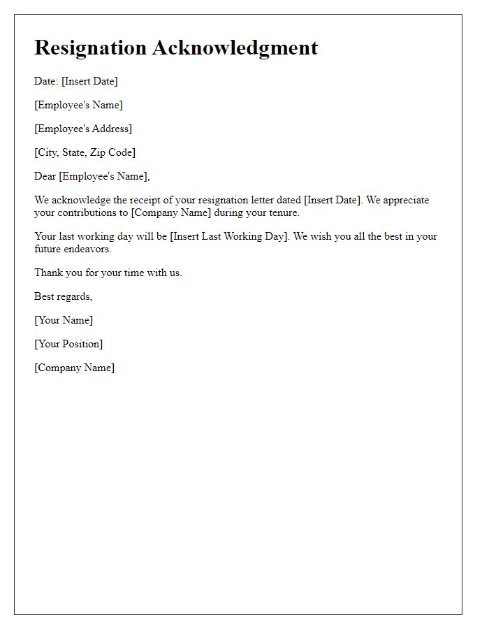 Letter template of resignation acknowledgment for employees.