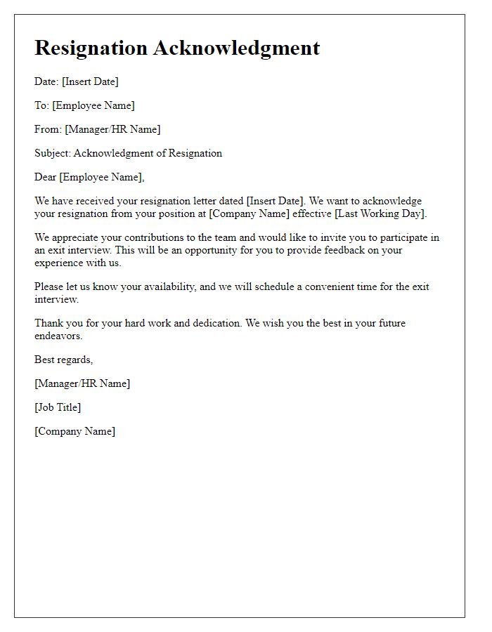 Letter template of resignation acknowledgment including exit interview invitation.