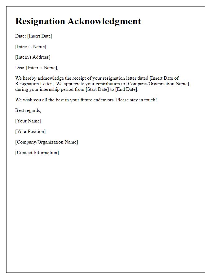 Letter template of resignation acknowledgment for interns.