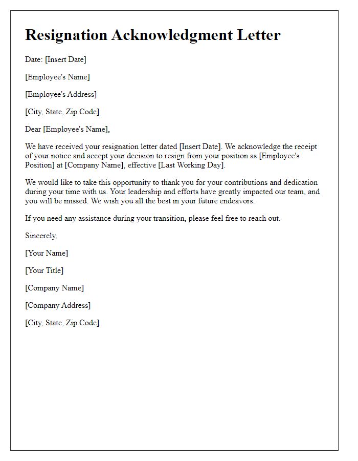 Letter template of resignation acknowledgment for management positions.