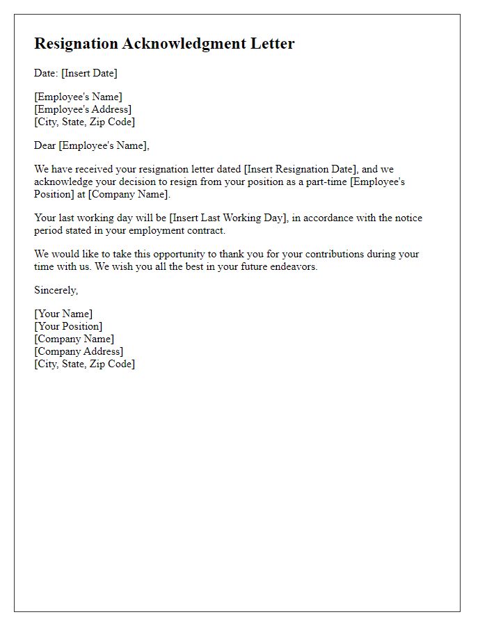 Letter template of resignation acknowledgment for part-time staff.