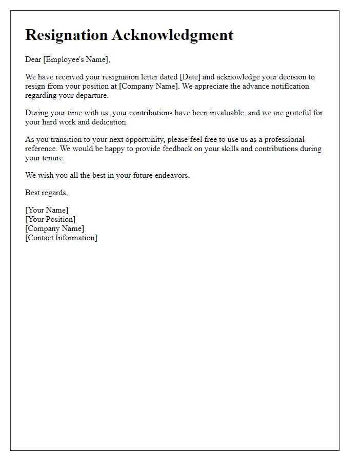 Letter template of resignation acknowledgment for professional references.