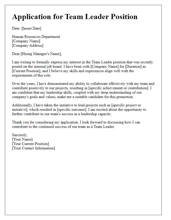 Letter template of internal job promotion application for a team leader role.