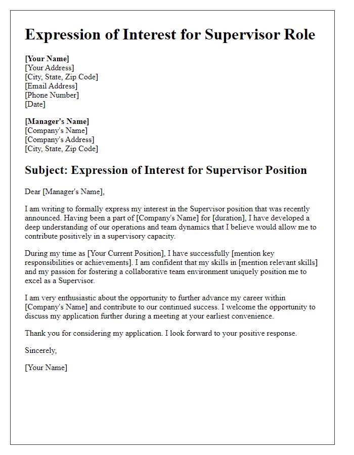 Letter template of internal job promotion expression of interest for a supervisor role.