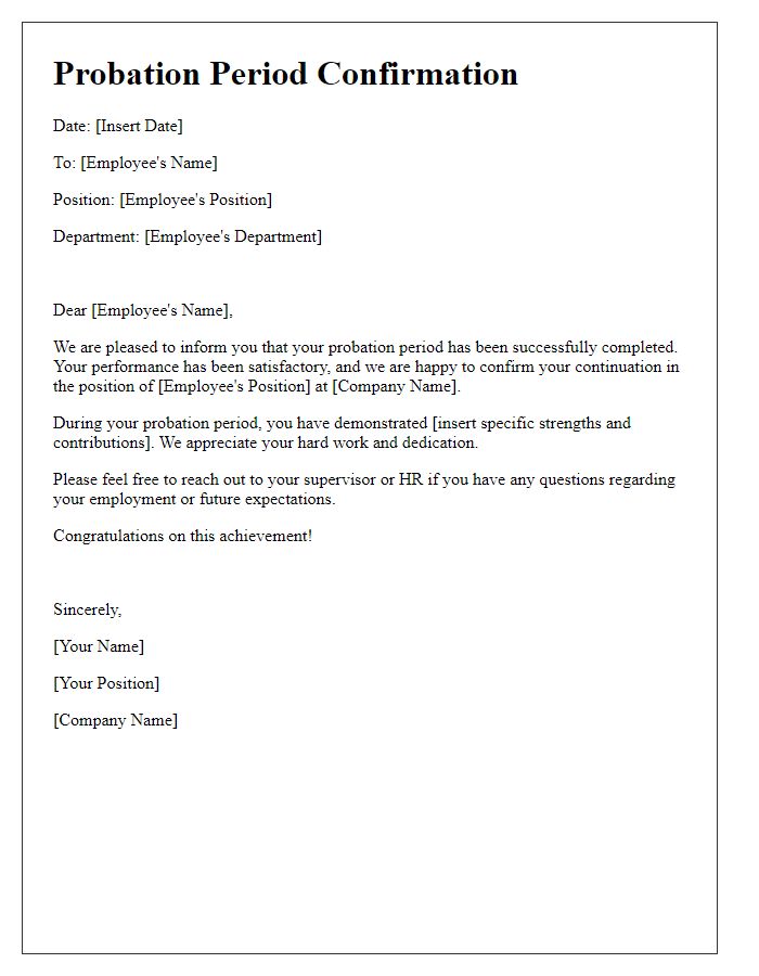 Letter template of probation period confirmation for employee evaluation.