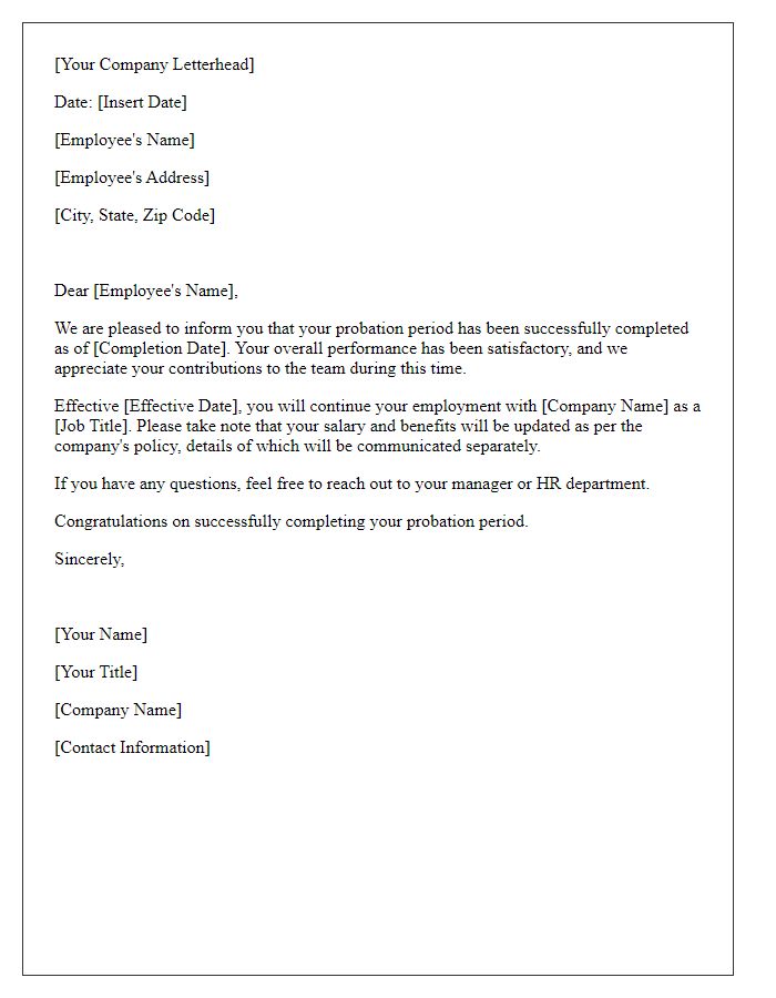 Letter template of probation period confirmation for HR documentation.