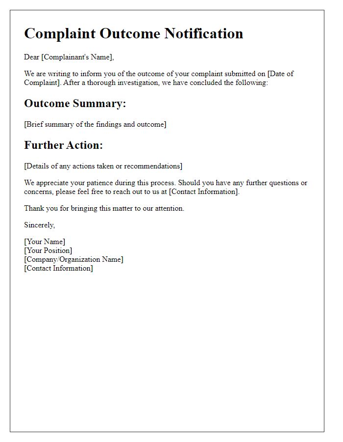 Letter template of notification for complaint outcomes