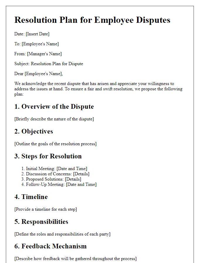 Letter template of resolution plan for employee disputes