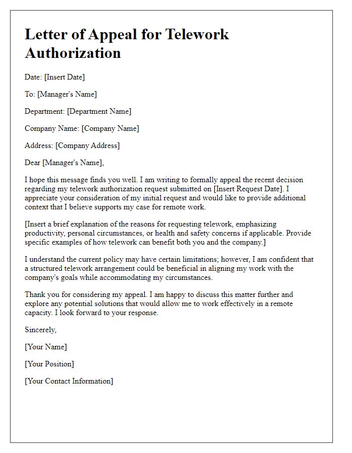 Letter template of appeal for telework authorization.