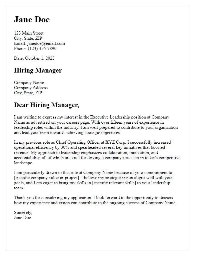 Letter template of executive leadership application cover letter