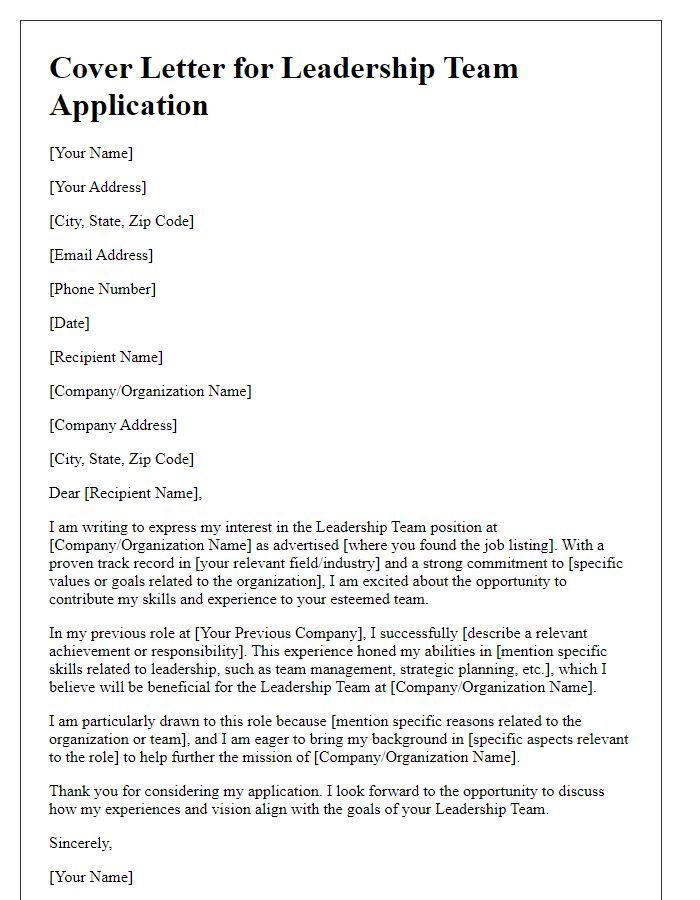 Letter template of leadership team application cover letter