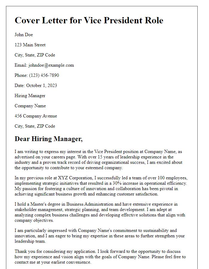 Letter template of vice president role application cover letter