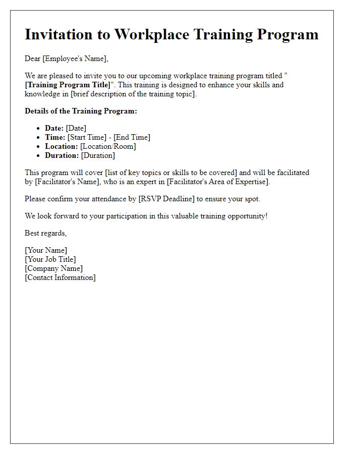 Letter template of workplace training program invitation