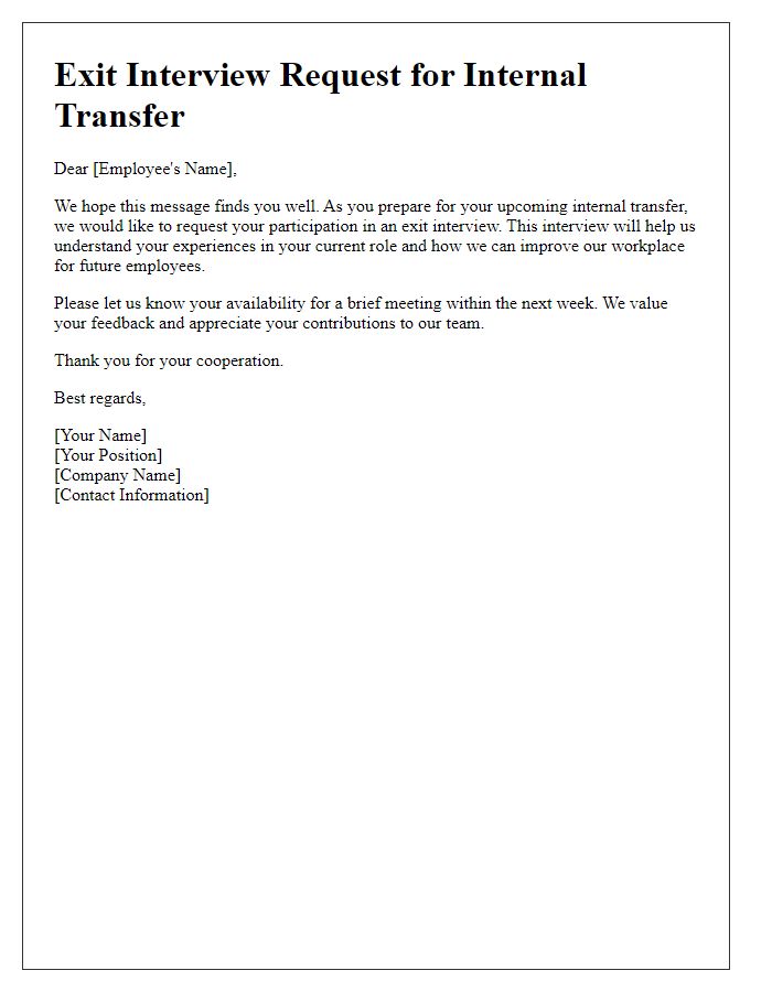 Letter template of exit interview request for internal transfers.