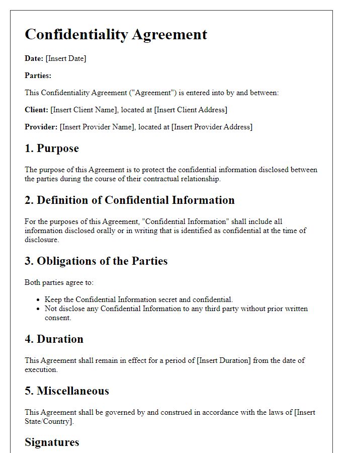 Letter template of Confidentiality Agreement for Client Contracts