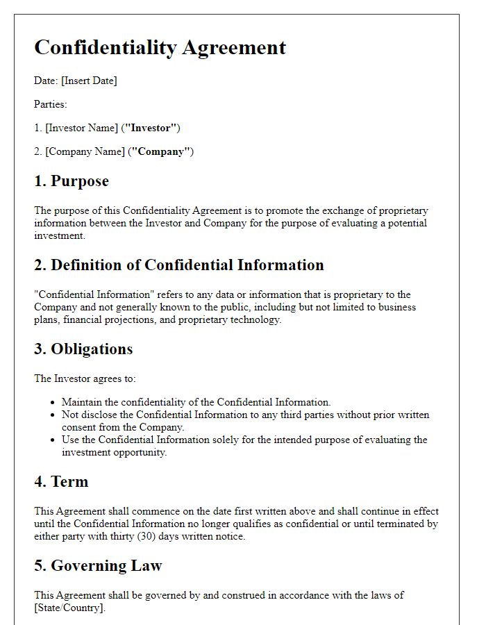 Letter template of Confidentiality Agreement for Investors