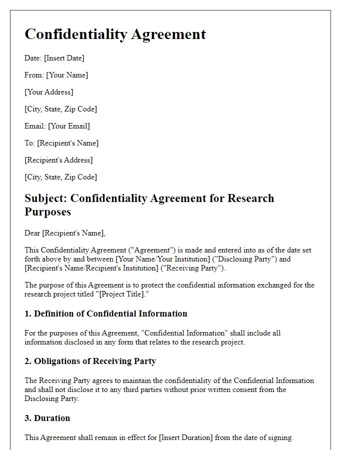 Letter template of Confidentiality Agreement for Research Purposes