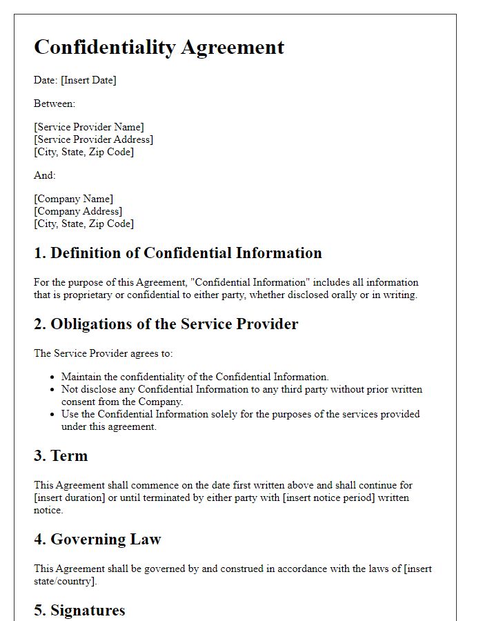 Letter template of Confidentiality Agreement for Service Providers