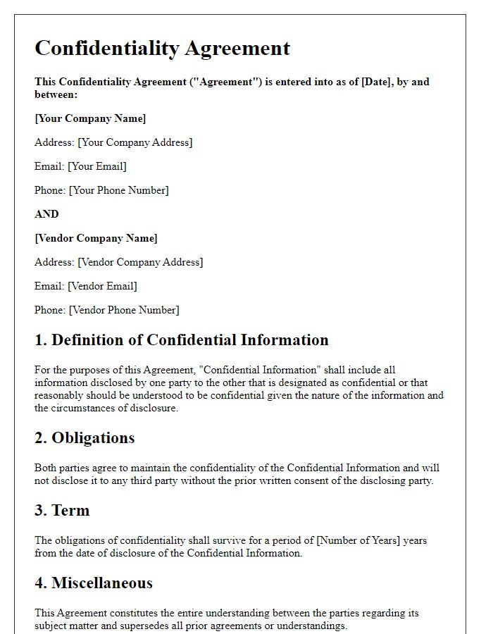 Letter template of Confidentiality Agreement for Vendor Relationships