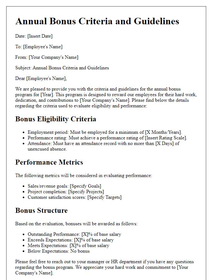 Letter template of annual bonus criteria and guidelines