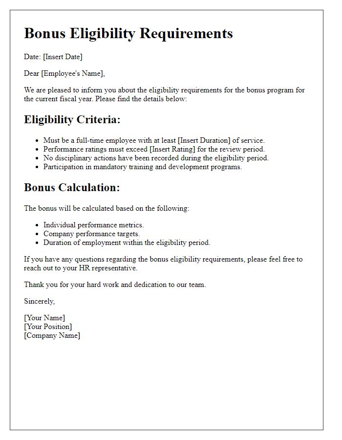 Letter template of bonus eligibility requirements