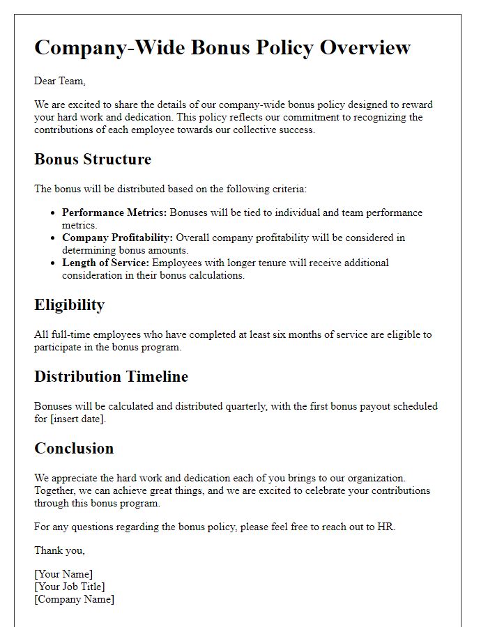 Letter template of company-wide bonus policy overview