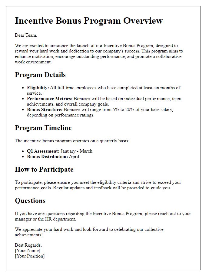 Letter template of incentive bonus program description