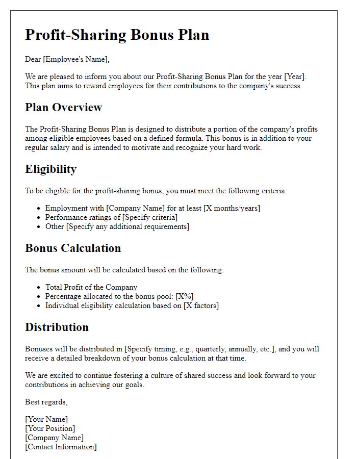 Letter template of profit-sharing bonus plan details