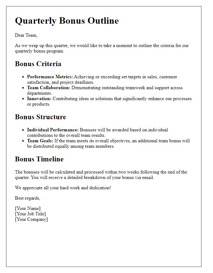 Letter template of quarterly bonus outline for teams