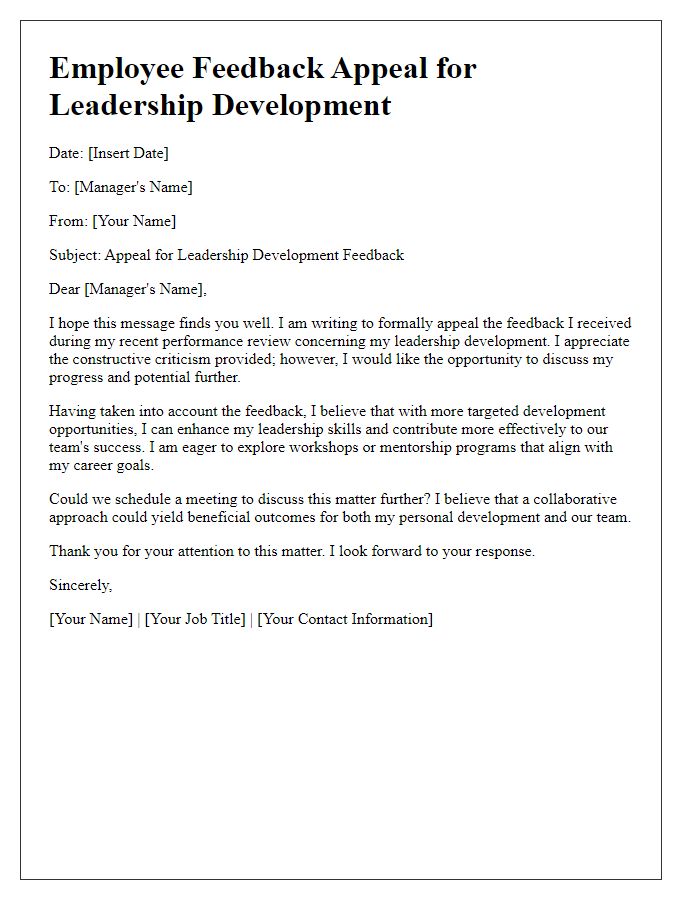 Letter template of employee feedback appeal for leadership development.