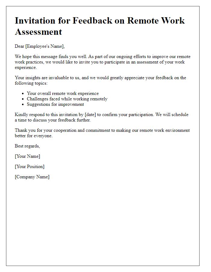 Letter template of employee feedback invitation for remote work assessment.