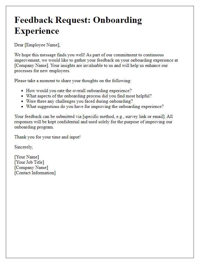 Letter template of employee feedback solicitation for onboarding experience.