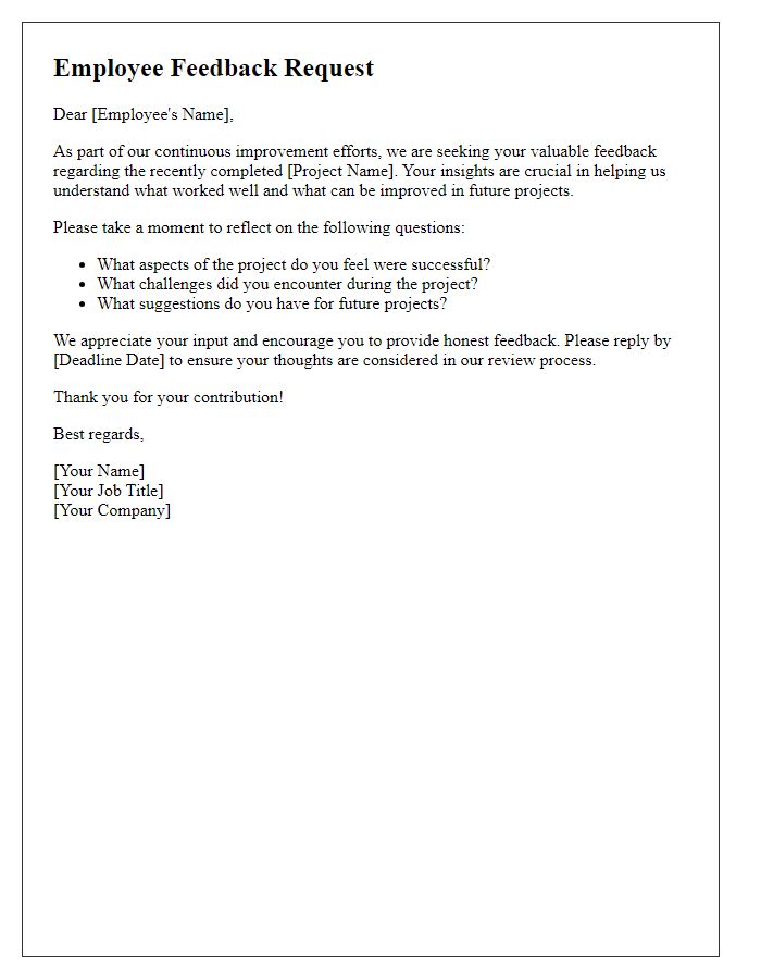 Letter template of employee feedback solicitation for project feedback.