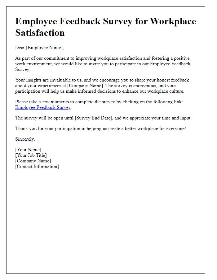 Letter template of employee feedback survey for workplace satisfaction.