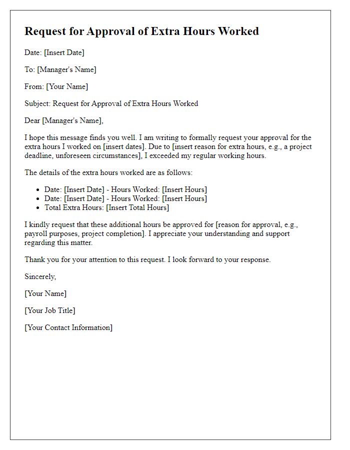 Letter template of request for approval of extra hours worked