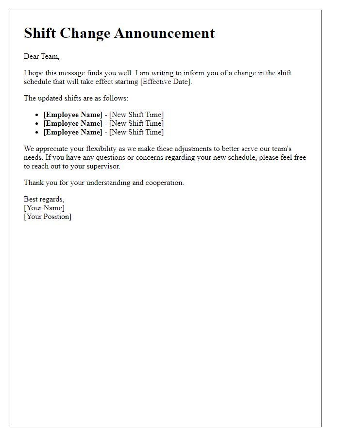 Letter template of shift change announcement for team updates