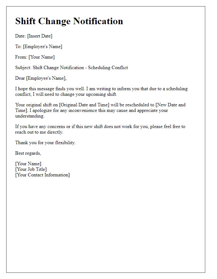 Letter template of shift change notification due to scheduling conflict